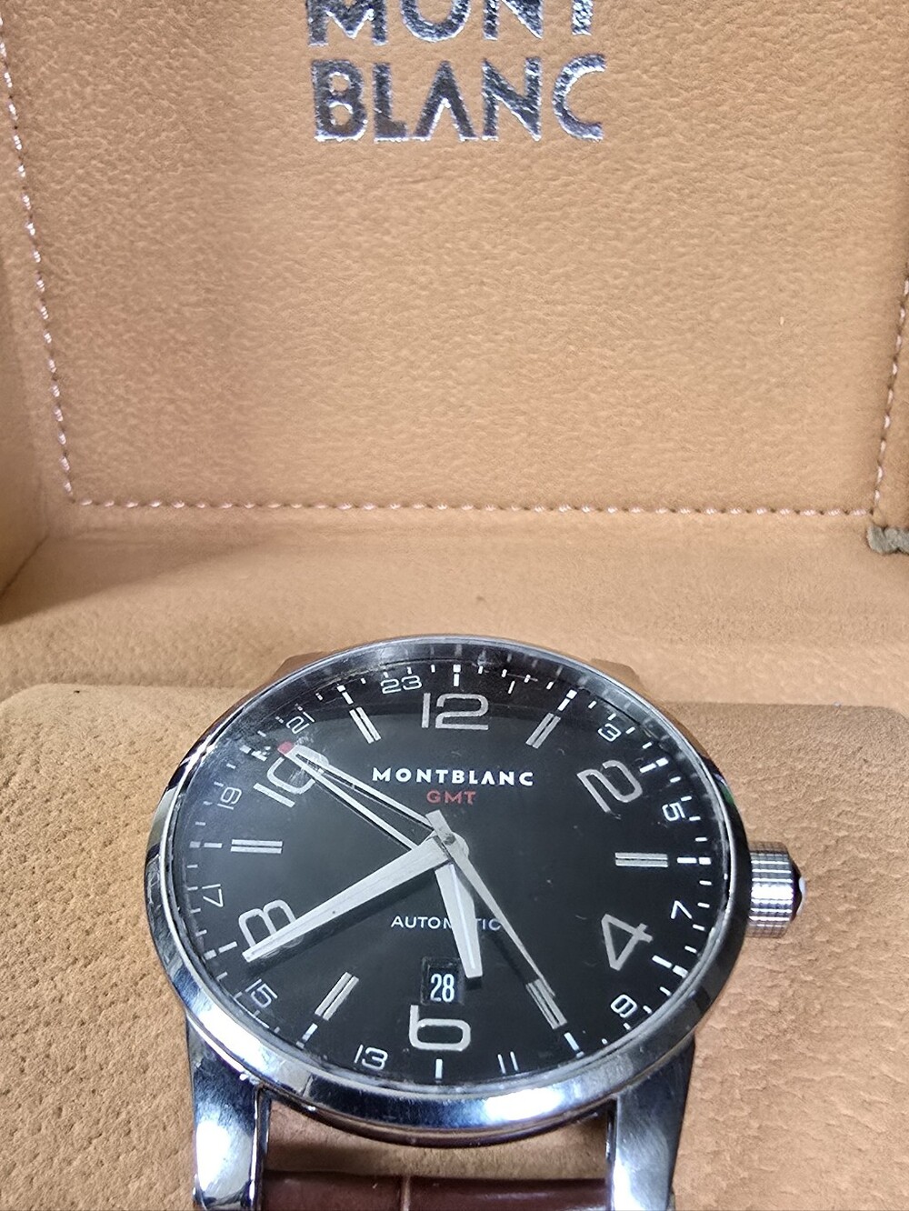 Montblanc Black Dial GMT Men's Watch with Brown Leather Strap